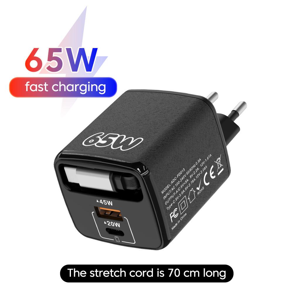 65W USB Type C Fast Charger With Telescopic USB C Cable PD Phone Fast Charging Universal Travel Adapter For Iphone 15/16 Samsung