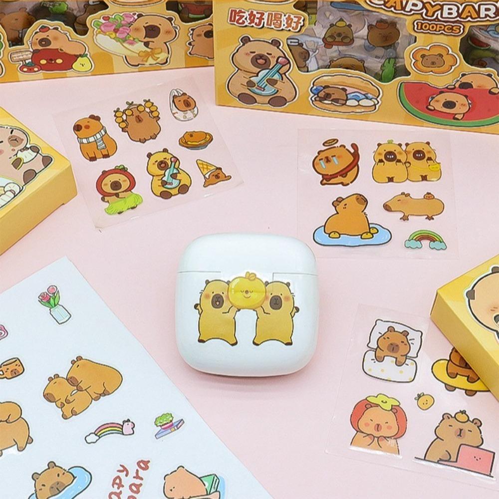 100PCS DIY Children Sticker Cartoon Capybara Hand Ledger Sticker Cute Water Cup Decal Birthday Gift