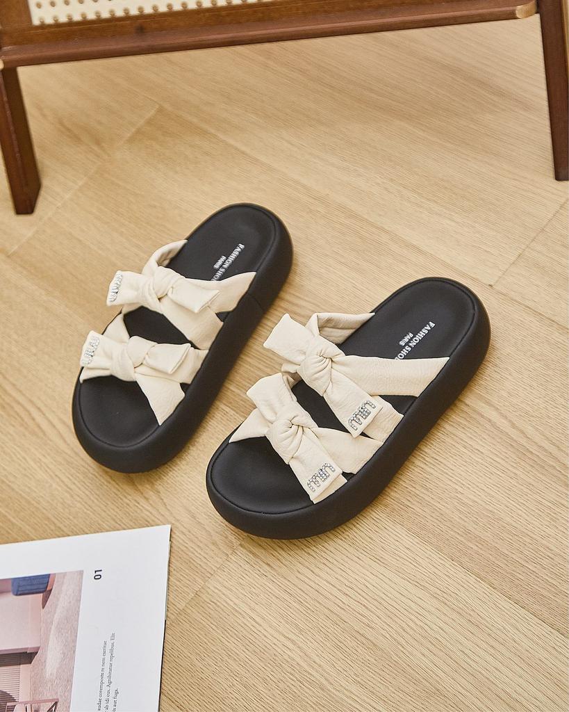 2025 New Thick-soled Cool Slippers for Women's Fashion and Versatile Bow Open-toed Women's Casual One-word Slippers Trendy Shoes