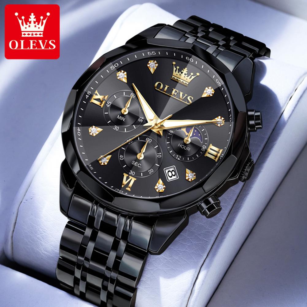 OLEVS 3670 Original Quartz Watch For Men Three Dials 24-hour Moon Phase Luminous Function 30m Waterproof Calendar Window Watch