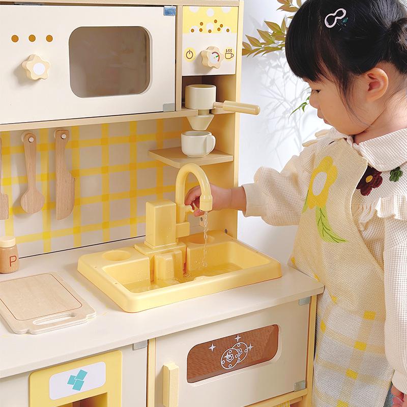 Children's Wooden Kitchen Toy Set with Lights, Sounds, and Water Outlet for Role-Play Cooking