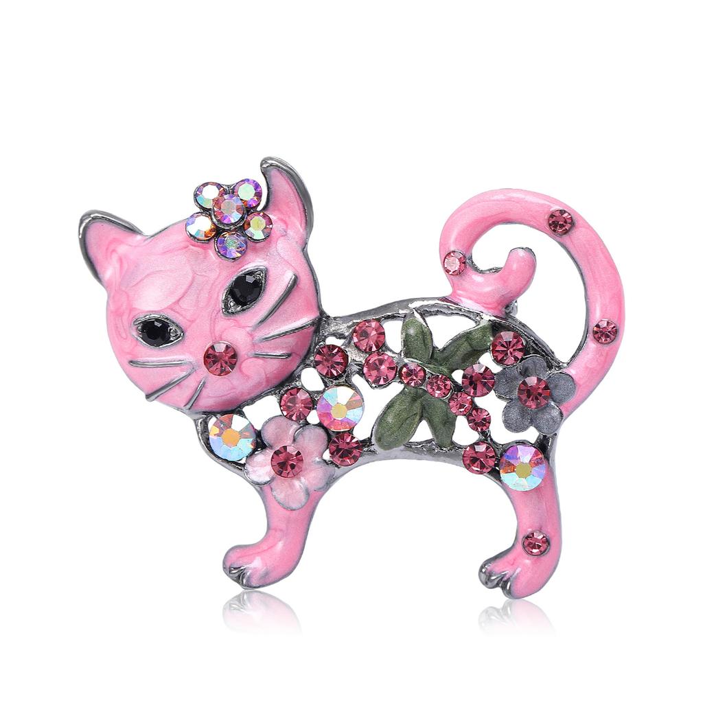 Lovely Enamel Cat Brooch Women Rhinestone Flower Animal Corsage Pins Gifts