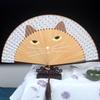 Cat Patterns Summer Gift Handmade Bamboo Wooden Fan Crafts Folding Fan Home Decoration Silk Fan