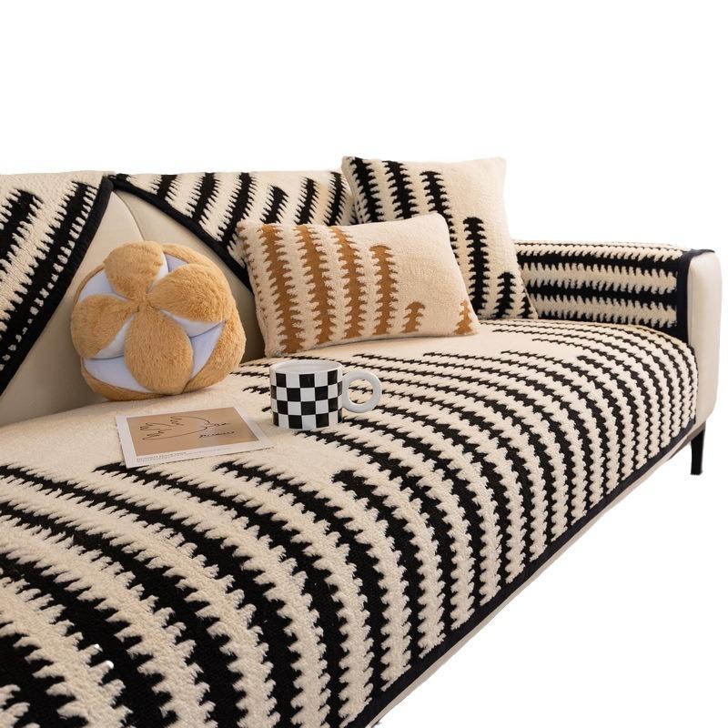 Sofa Cushion New Thousand Bird Grid Thickened Plush Seat Cushion High-End Non-Slip Leather Sofa Cover Winter Cover
