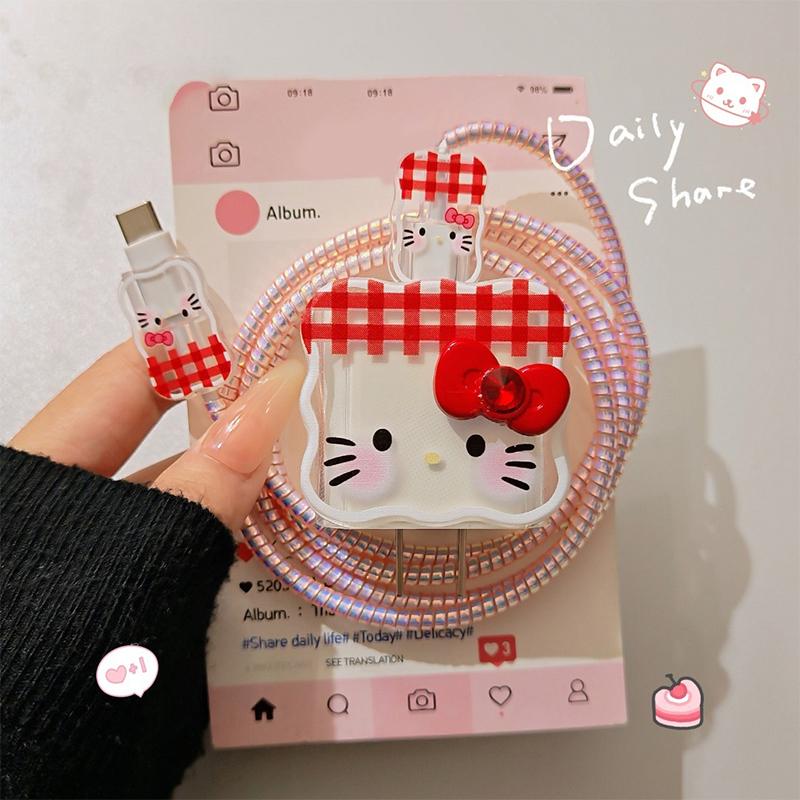 Защитный чехол для кабеля данных Hello Kitty с леопардовым принтом для iPhone 17 16 15 18/20W Защитная крышка для головки зарядного устройства Защитный шнурок от поломки
