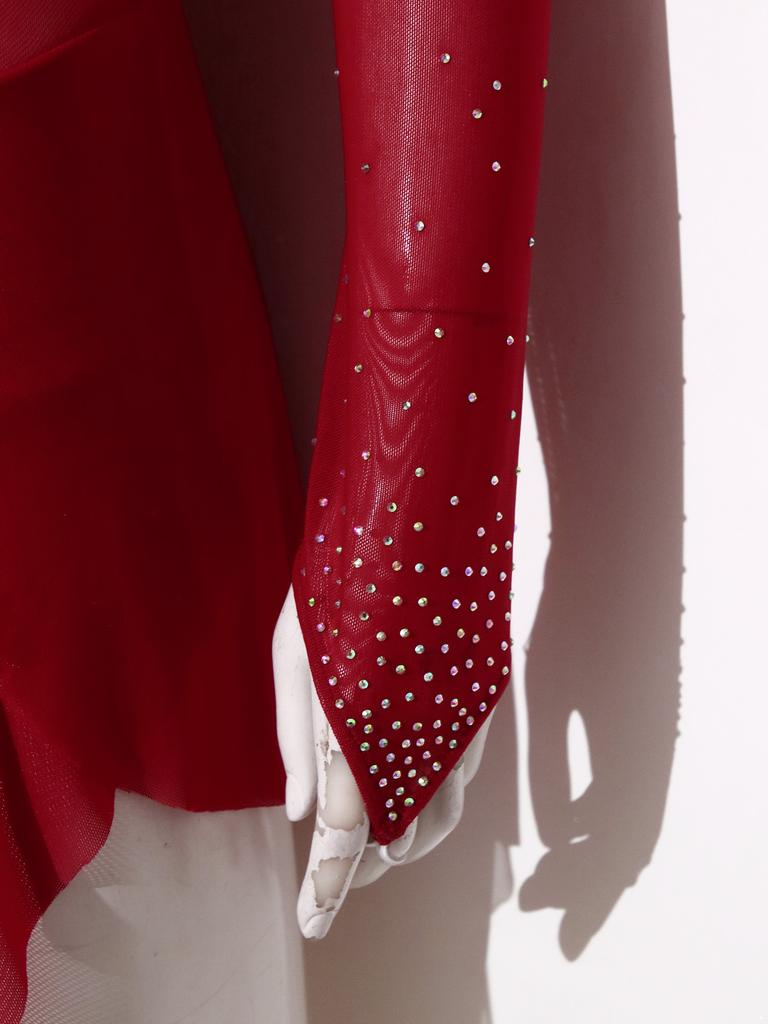 Women‘s Sparkly Rhinestone Leotard Dress Sheer Mesh Long Sleeve Mock Neck Color Blocking Asymmetrical Hem for Figure Skating Latin Performance