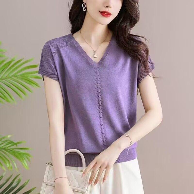 Женская вязаная футболка Летняя футболка для мамы среднего возраста Летняя одежда Футболка с коротким рукавом Женская футболка с V-образным вырезом