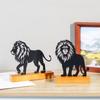 Metal Lion Statue Figurine Hollow Iron Animal Sculpture with Wood Base Table Centerpieces Decors Home Desktop Ornament
