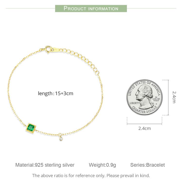 WOSTU Натуральный браслет из стерлингового серебра 925 пробы с блестящим квадратным зеленым цирконом для девочек, модная женская базовая цепочка, ювелирные украшения, подарок на вечеринку