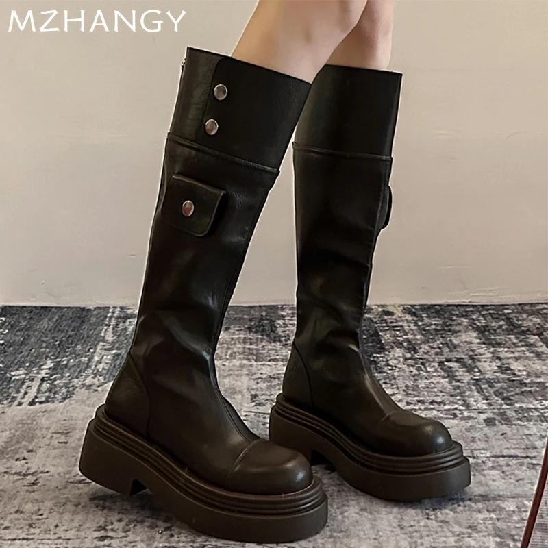Модная кожаная женская обувь на массивном высоком каблуке, высокие ботинки до колена, на среднем каблуке, женская обувь, тренд 2025, модные зимние элегантные мотоциклетные ботинки, Mujer Botas