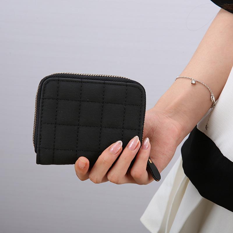 Women Fashion Small Zipper Wallet with Coin Purse PU Leather Plaid Purses Ladies Cute Mini Version Small Card Pack