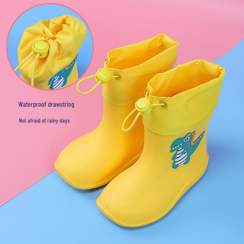 Детские непромокаемые сапоги с мультяшным динозавром, со шнурком, на хлопковой подкладке, для мальчиков и девочек, идеально подходят для детского сада.