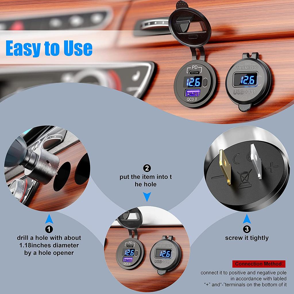 Автомобильное зарядное устройство Quick Charge 3.0 USB PD Type-C, розетка USB 12 В со светодиодным вольтметром и переключателем ВКЛ/ВЫКЛ, водонепроницаемая для морских лодок, мотоциклов и т. д.