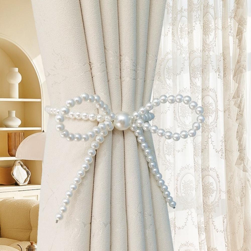 2pcs Pearl Bow Curtain Tieback Faux Pearl Pearl Magnetic Buckle Magnetic Curtain Strap Living Room