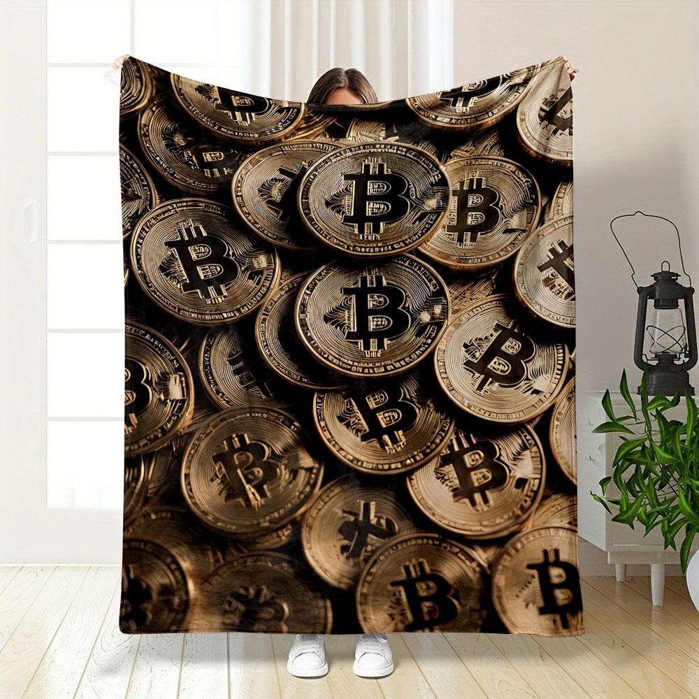 A pile of golden coins with Bitcoin symbols repeating across them. for all seasons blanket lunch break throw gift