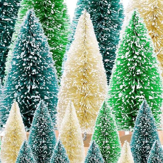 56 Pcs Mini Christmas Trees Set Sisal Snow Frosted Bottle Brush Trees with Wooden Base Miniature Artificial Pine Tree for Winter Home Tabletop Decor