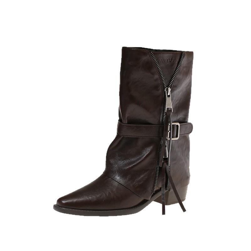 Medium boots thick heel thin trousers autumn British style short boots women's big tube circumference belt buckle pointed head high heel no