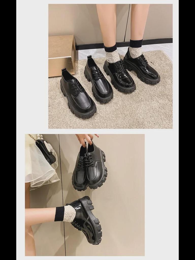 2023 Spring/Summer Women's British Style Platform Leather Loafers: Round Toe, Thick Sole, Lace-up, Casual JK