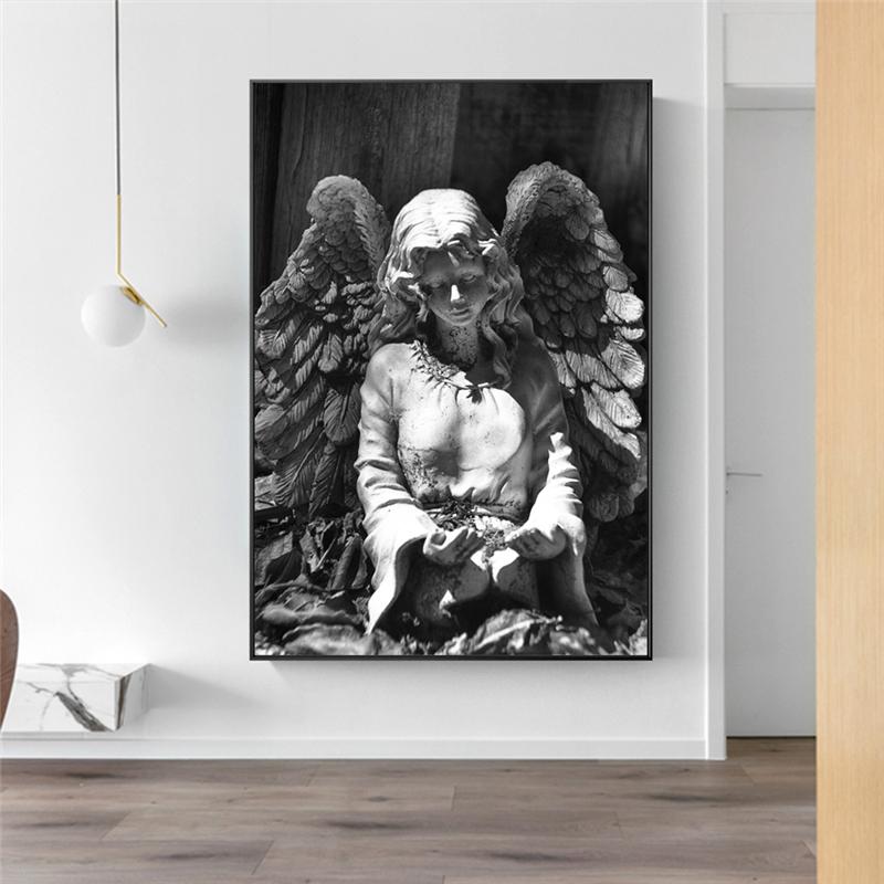 Black And White Angel Statue Canvas Wall Art Posters And Prints Angel Wings Sculpture Picture On Wall Painting For Living Room