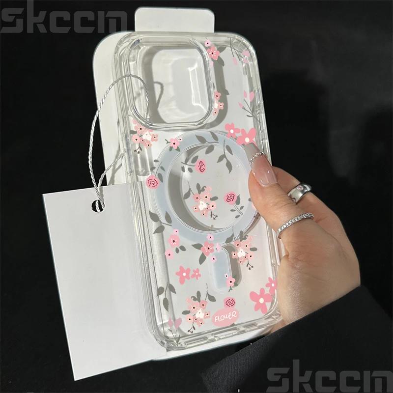Прозрачный чехол для телефона с цветами для iPhone 16E 16 15 14 13 11 12 Pro Max Plus X XS Max XR Магнитный беспроводной зарядный чехол для телефона