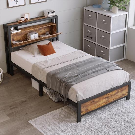 Platform Bed Metal with Storage Headboard Strong Load Bearing Adult Single Slats Frames Home Furniture Space Head