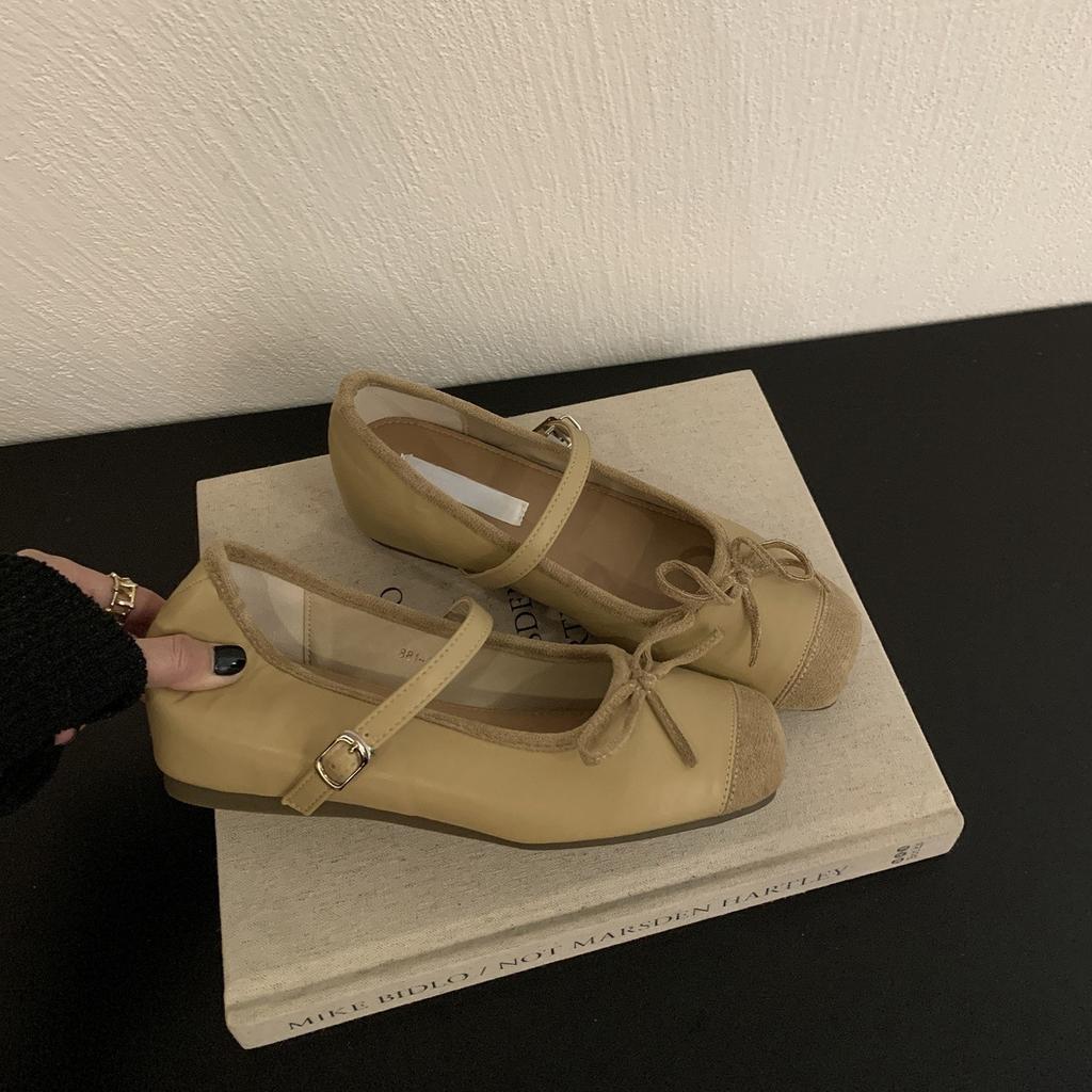 Inner Height Increase Mary Jane Shoes Women's Spring 2025 New Bow Square Head Silver Splicing Flat Ballet Shoes