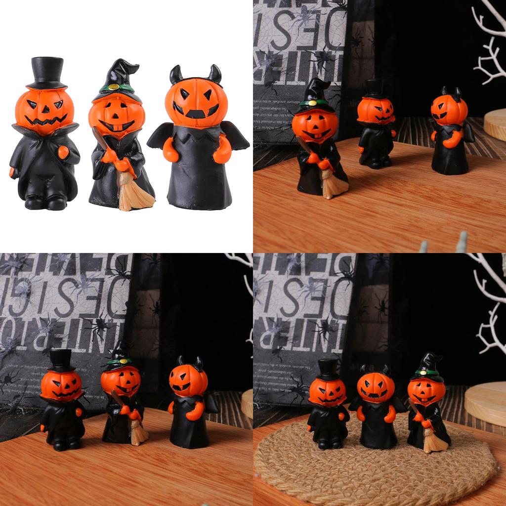 Halloween Resin Material Demon Miniature Figures With Pumpkin And Broom For Festive Setting