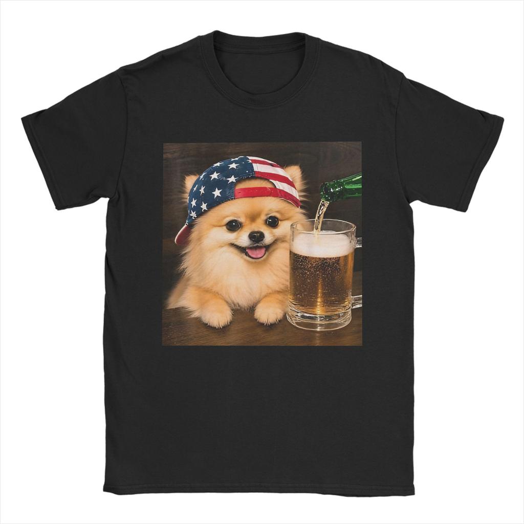 Unisex Unisex Tshirt Funny Patriotic Pomeranian Dog Drinking Beer American Pure Cotton Tees T Shirts Crewneck Clothing Plus Size