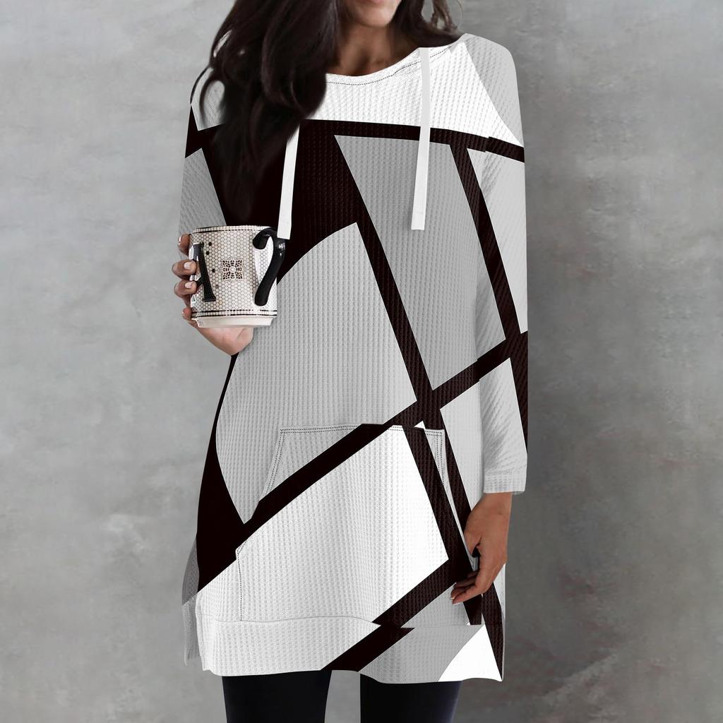 Женские свободные рубашки с принтом, длинные рукава, толстовки с завязками, трикотажные туники с боковыми разрезами, топы с капюшоном и карманом