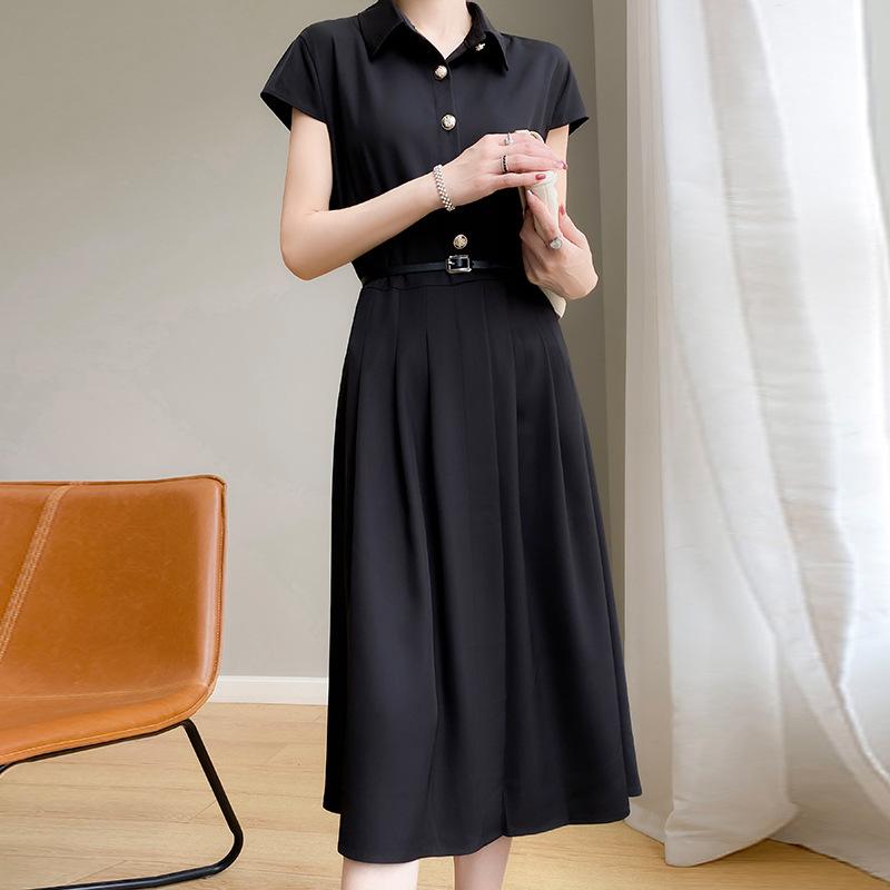 Ацетатное атласное платье-поло с воротником для женщин, летнее новое, легкая роскошь, миди-юбка, облегающее талию, длинная юбка