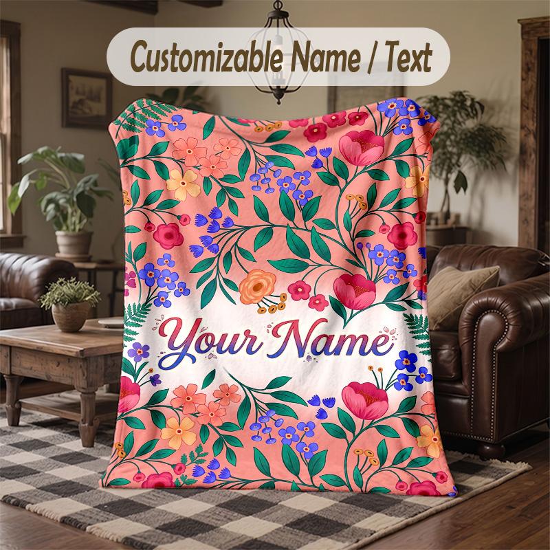 Floral 8 Theme Throw Blanket Custom Name Text Personalized Blanket Soft Cozy Blanket for Home Sofa Bed