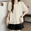 Women Elegant Puff Sleeve Bow Knot Ruffled Semi-Sheer Casual Blouse