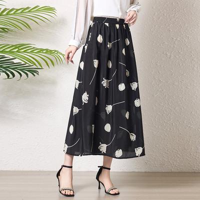 Французская ретро шелковая двойная крепдешиновая юбка из шелка тутового дерева с принтом тюльпанов, эластичная, с высокой талией, А-силуэта, средней длины, расклешенная юбка