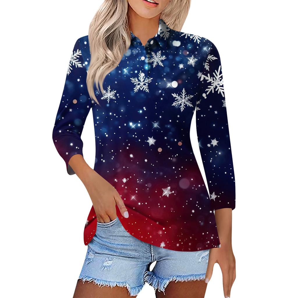Women's Fashion Casual Lapel Short 3/4 Sleeve Christmas Print Shirt Women's Button Up Tops