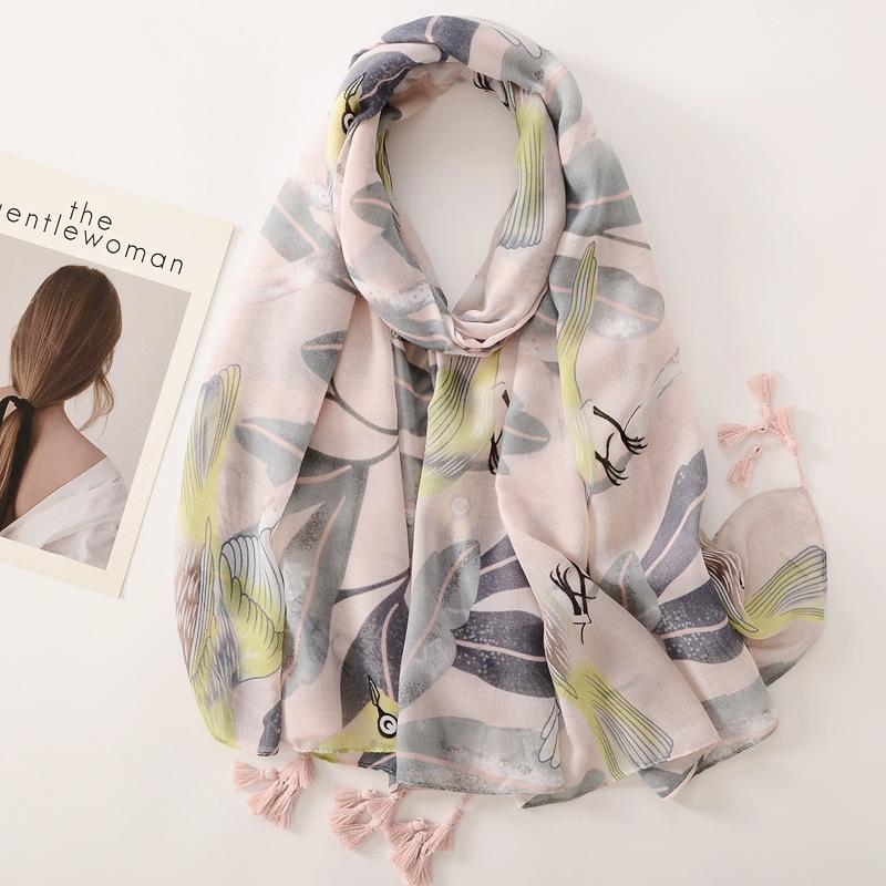 Beige Coffee Scarf Luxury Thin Womens Scarves Spring Floral Hijab Veils Soft Cotton Shawl Wrap Tassel Viscose Muslim Woman Hijab