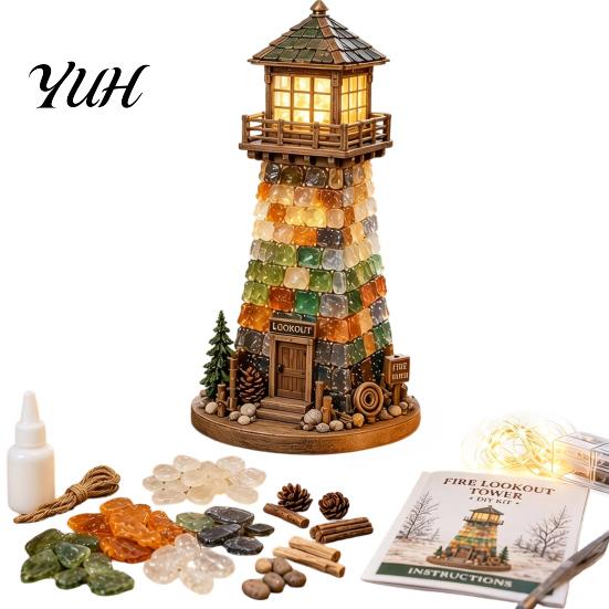 Unique Shelf Ornaments Mosaic Firehouse Craft Kit, Lighted Tower DIY 3D Sea LED String Light Crafts Glass Kit with Warm Lights for Adults, Handmade
