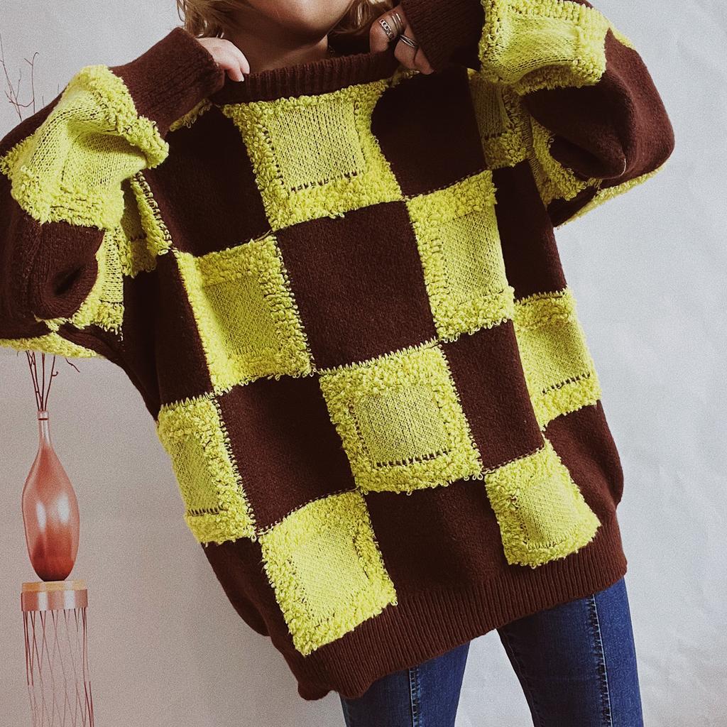 Street style loose checkerboard pattern thick round neck long sleeved knitted pullover sweater for women 3499 KTB