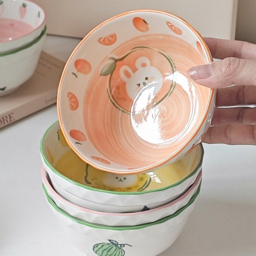 Керамическая миска с рисунком "Кролик и клубника", цветная подглазурная роспись, миска для супа, милая миска для фруктового салата, посуда