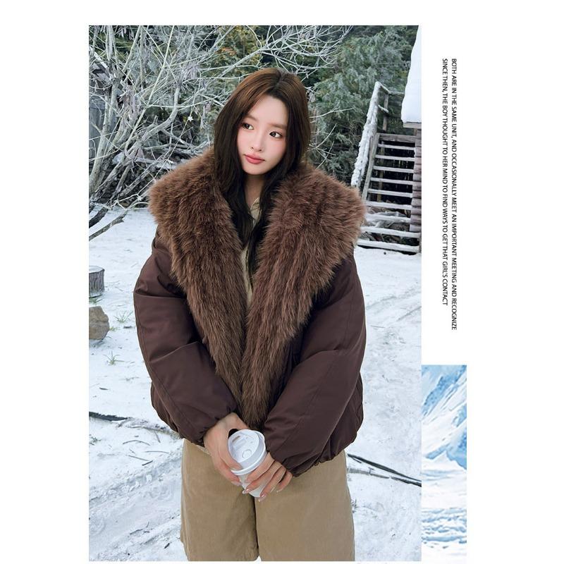 Women Thick Fur Collar Workwear Padded Parka Long Sleeve Winter Coat