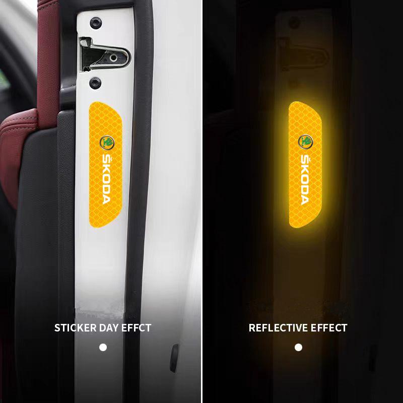 High Toughness Reflective Warning Sticker 4PCS Car Door Safety Protection Mark Mud Resistant External Decor Accessory For Skoda