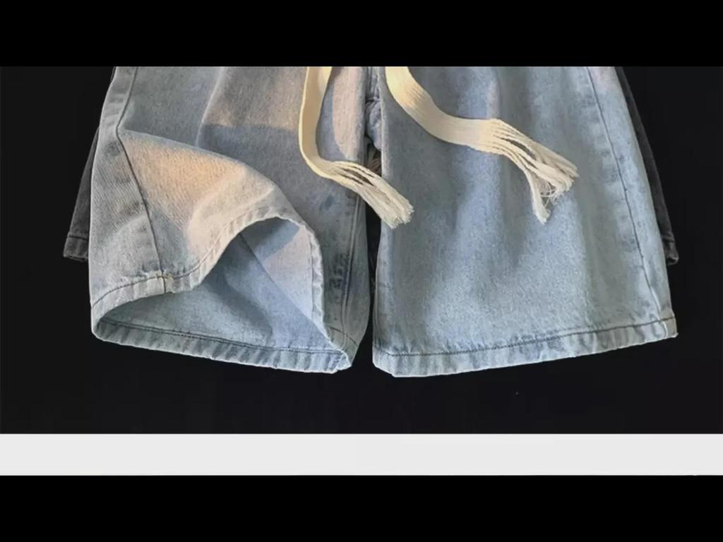 2024 Summer Loose Straight Denim Shorts: Retro Drawstring Casual Solid-Color Shorts