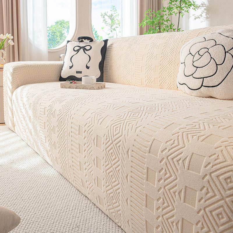 High-End Solid Elastic Sofa Cover Non-Slip All-Inclusive Polar Fleece Sofa Protector Soft Stretch Dust Cover with Strap