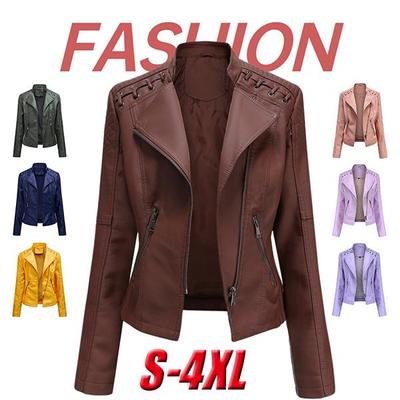 Модная женская кожаная куртка Осенняя и зимняя одежда с воротником из искусственной кожи Куртка с длинными рукавами на молнии Женская модная тонкая кожаная куртка Мотоциклетная куртка
