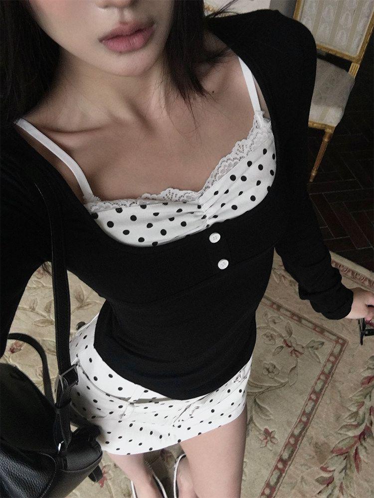 260 г Хлопок Модал В горошек Кружево Пэчворк Стиль из двух частей Стройнящий Топ