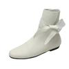 Fashion White Butterfly-knot Chelsea Ankle Boots Vintage Square Toe Flat Leather Low Heels Slip-on Shoes 2024 Women's Slim Western Boots