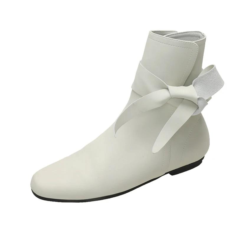Fashion White Butterfly-knot Chelsea Ankle Boots Vintage Square Toe Flat Leather Low Heels Slip-on Shoes 2024 Women's Slim Western Boots