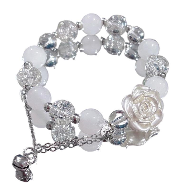 Chic Women's Bell Pendant Bracelet with Crystal Beaded White Flower Design for Outings
