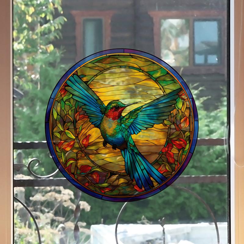Retro Stained Hummingbird Butterfly Flower Film Window Glass Electrostatic Stickers Colorful