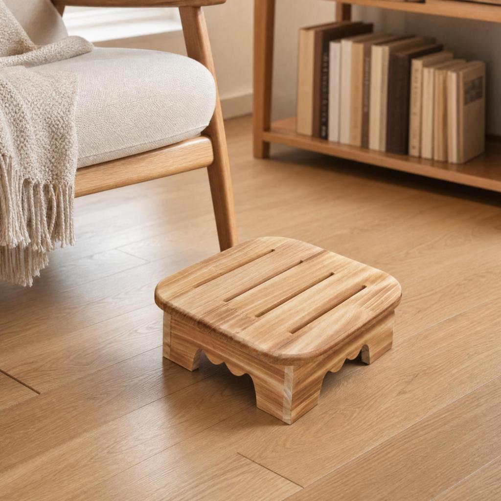 Footstool with Slotted Top Sturdy Square Wooden Footrest Compact for Adults,