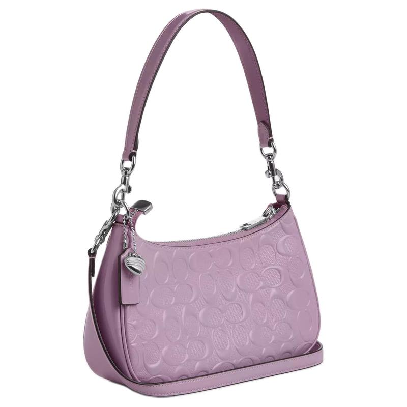 Coach Teri 25 Шарм-сердце Серебристая металлическая кожаная сумка через плечо Средняя Женская Светло-фиолетовая